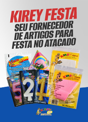 Poster advertising Kirey Festa wholesale party supplies; shows assorted favor packs and the number 521 in the foreground on a blue/gray background.