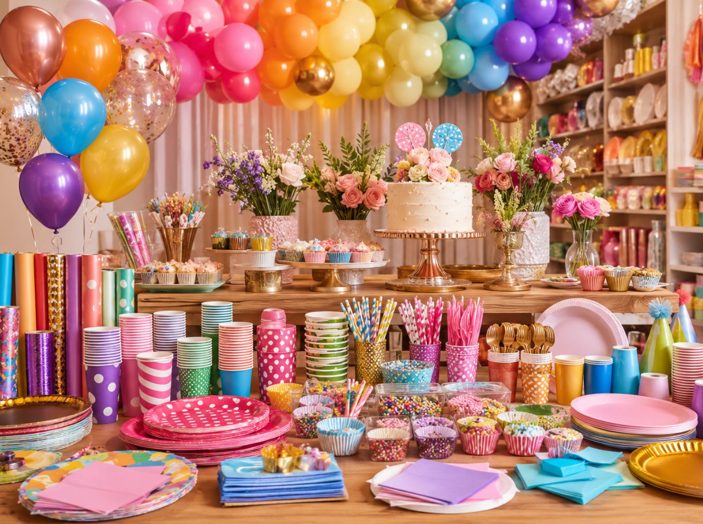 Produtos para decoração de festa no atacado com balões velas e descartáveis